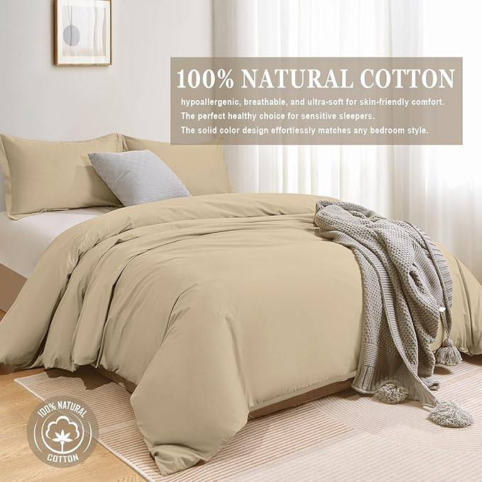 100-Percent Cotton Duvet Cover Set, Hidden Zipper Closure, Ultra Soft, Easy Care and Durable, Simple Bedding Style, Queen, Khaki (Comforter Not Included)
