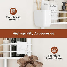 Orimade Rustproof 3 Tier Floor Standing Corner Shower Caddy Organizer with Toothbrush Holder, Large Spacing Floor Shower Shelf Rack Storage Stands with Hooks for Bathroom Kitchen, White