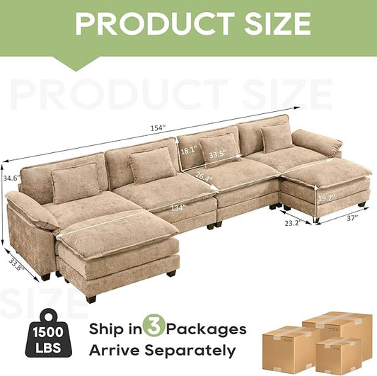 154" Modular Sectional Sofa, Comfy Cloud Couch Sectional Sofa with Ottoman, Chenille Sofa Sleeper Deep Seat Sofa with Throw Pillows for Living Room (Khaki, 154"- U Shape)