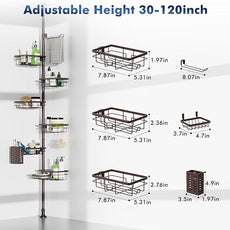 Corner Shower Caddy Tension Pole,Adjustable 30-120 Inch Bathroom Organizer Storage,Rustproof 6-Tier Shower Corner Shelves,Towel Rack, Toothbrush Holder, Soap Dish Organizers