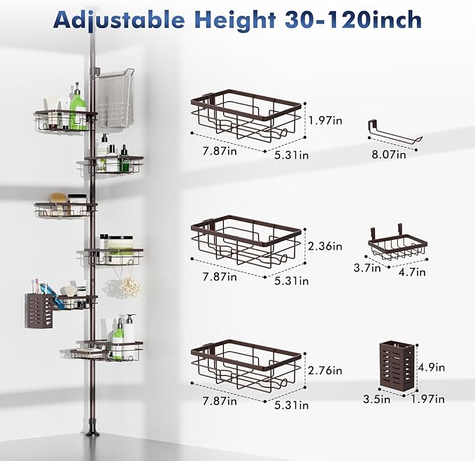 Corner Shower Caddy Tension Pole,Adjustable 30-120 Inch Bathroom Organizer Storage,Rustproof 6-Tier Shower Corner Shelves,Towel Rack, Toothbrush Holder, Soap Dish Organizers