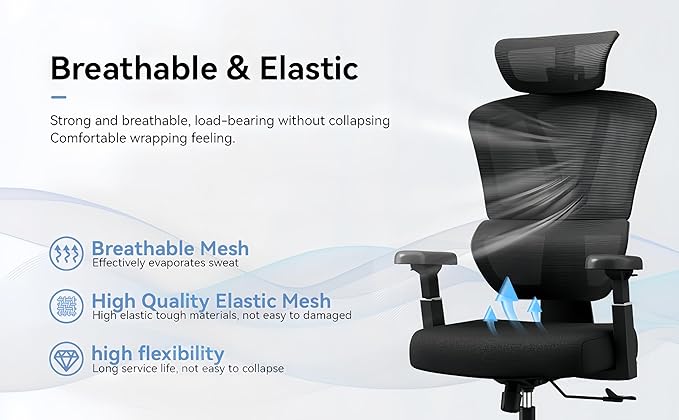 Ergonomic Office Chair - 400 lbs Capacity High-Back Mesh Computer Chair with Lumbar Support, Adjustable Headrest | Home and Gaming Desk Chair，Black