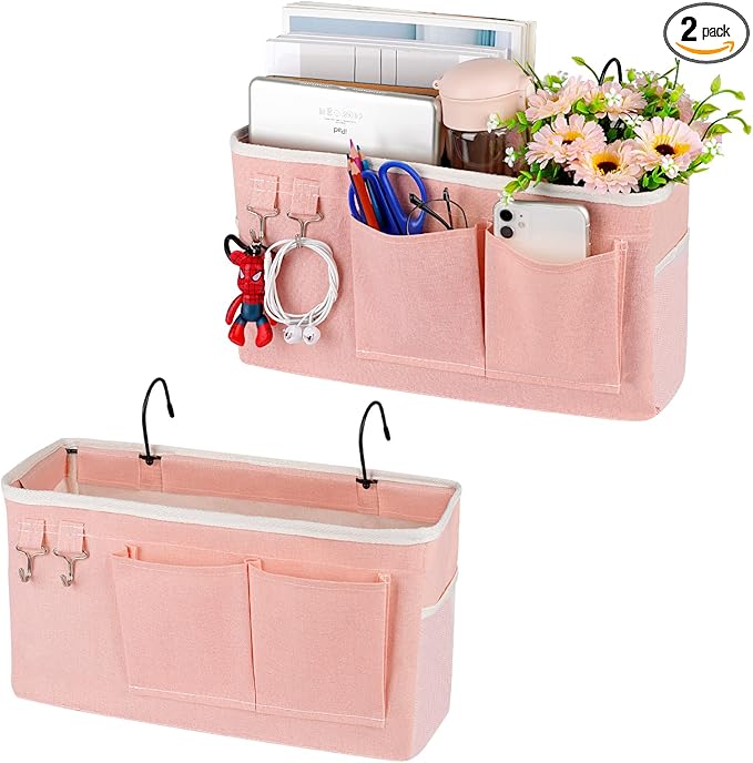 Bedside Storage Caddy/Bedside Hanging Storage Bag for Headboards Bunk Beds Dorm Rooms Book Phone Magazine Holder (2PC Light Pink)