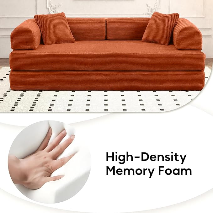 Convertible Sleeper Sofa Bed, Corduroy Floor Couch with Fixed-Shape Frame, Comfy Modular Floor Sofa with Pull Out Bed, Loveseat Sleeper Boneless Couch for Living Room, Orange