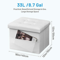 Storage Ottoman Foot Rest Stool, Small Leather Storage Ottomans Bench, Folding Footstool with Side Pockets, Foot Rest Under Desk for Living Room Bedroom, 16x12x12 in, White