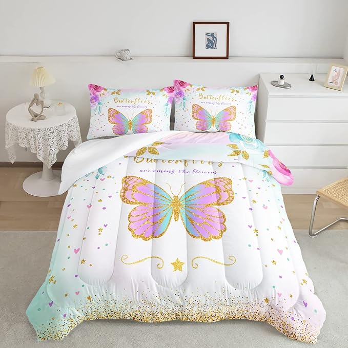 CVHOUSE Butterfly Bedding Set - Twin Butterfly Comforter Set with 1 Comforter and 2 Pillow Cases - 3 Piece