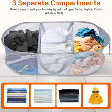 Durable Collapsible Foldable Pop Up Laundry Hamper, Sturdy 3 Compartments, Handy Pocket & Easy to Sort Clothes Hampers for Dorm, Kids Room, Travel - Grey
