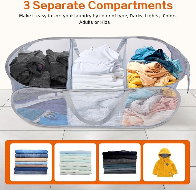 Durable Collapsible Foldable Pop Up Laundry Hamper, Sturdy 3 Compartments, Handy Pocket & Easy to Sort Clothes Hampers for Dorm, Kids Room, Travel - Grey