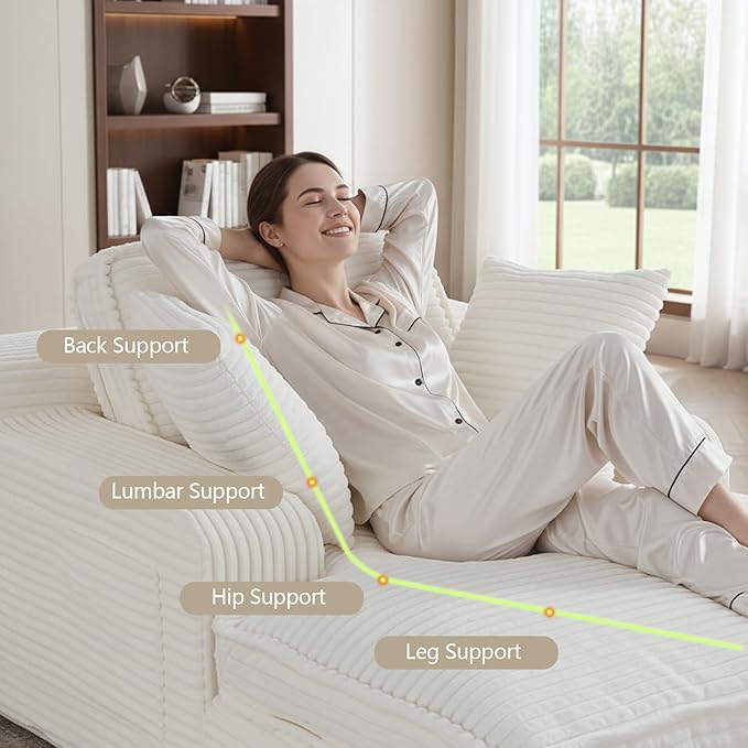 67" Oversized Chaise Lounge Chair Indoor, Soft Boneless Cloud Couch with 3 Pillows, 4 Side Pockets and 2 Cup Holders, Comfy Corduroy Sleeper Couch for Living Room Bedroom, Beige