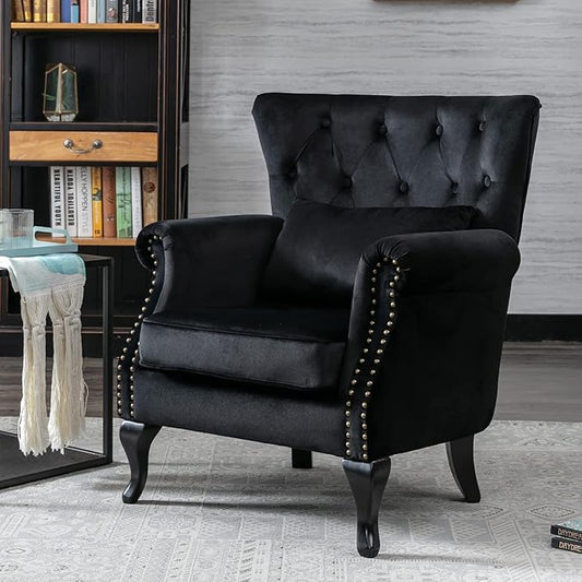 Set of 2 Mid-Century Modern Accent Chair, Velvet Armchair w/Tufted Back/Wood Legs, Upholstered Lounge Arm Chair Single Sofa for Living Room Bedroom, Black