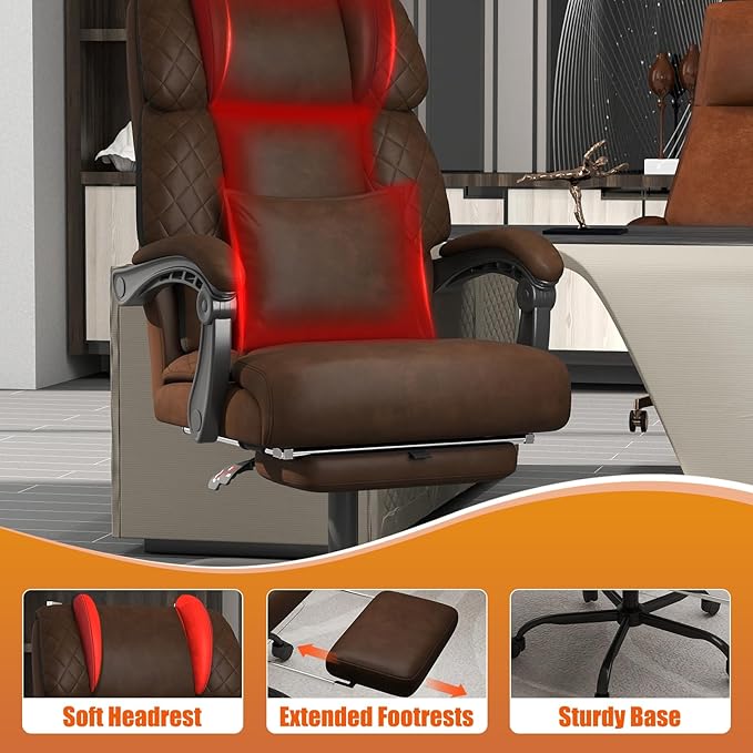 Ergonomic Office Chair with Footrest, 400lbs High Back Executive Home Office Computer Chair with Unique Ear-Shape Headrest for Neck Support,Coffee Leather Office Chairs for Home Office Work