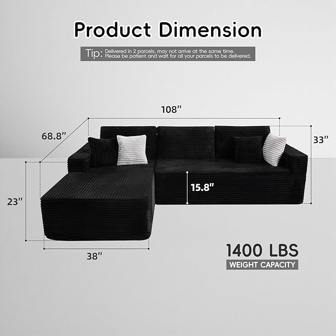108" Boneless Couches for Living Room, Modular Sectional Sofa with Oversized Chaise, L-Shape Cloud Couch with Deep Seat, High-Density Memory Foam, No Assembly Required, Plush Corduroy Black