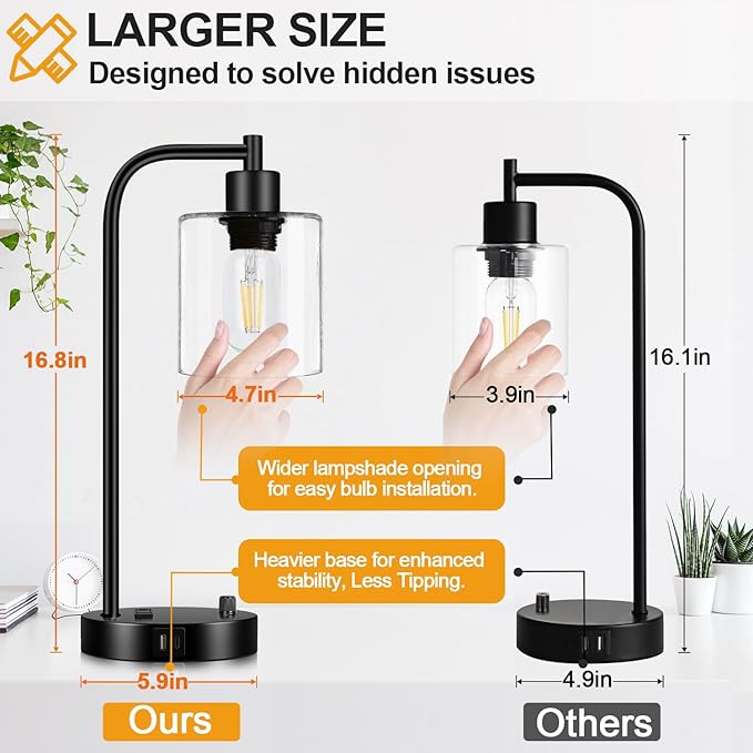 Set of 2 Industrial Table Lamps with USB Port, Fully Stepless Dimmable Bedside Lamps for Bedrooms, Nightstand Desk Lamp with Clear Glass Shade for Reading Living Room Office 2 LED Bulb Included