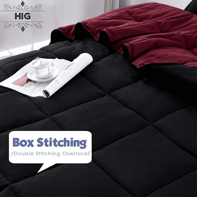 HIG 3pc Down Alternative Comforter Set - All Season Reversible Comforter with Two Shams - Quilted Duvet Insert with Corner Tabs - Box Stitched - Super Soft, Fluffy (Full, Black)