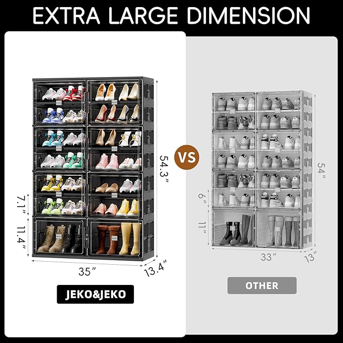 JEKO&JEKO 7 Tiers Foldable Boot Storage Shoe Rack Cabinet for Closet Entryway, Large Collapsible Shoe Organizer with Magnetic Doors (Black)