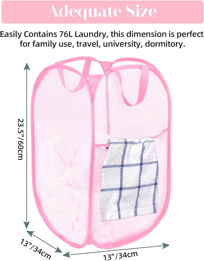 Durable Collapsible Laundry Baskets - Reinforced Mesh Pop Up Laundry Hamper with Side Pocket, Foldable Clothes Storage Hamper with Carry Handles for Laundry, Bathroom, Kids Room, Dorm or Travel Pink