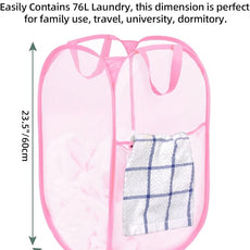 2 Pack Durable Collapsible Laundry Baskets - Reinforced Mesh Pop Up Laundry Hamper with Pocket, Foldable Dirty Clothes Hamper with Carry Handles for Laundry, Bathroom, Kids Room, Dorm or Travel Pink