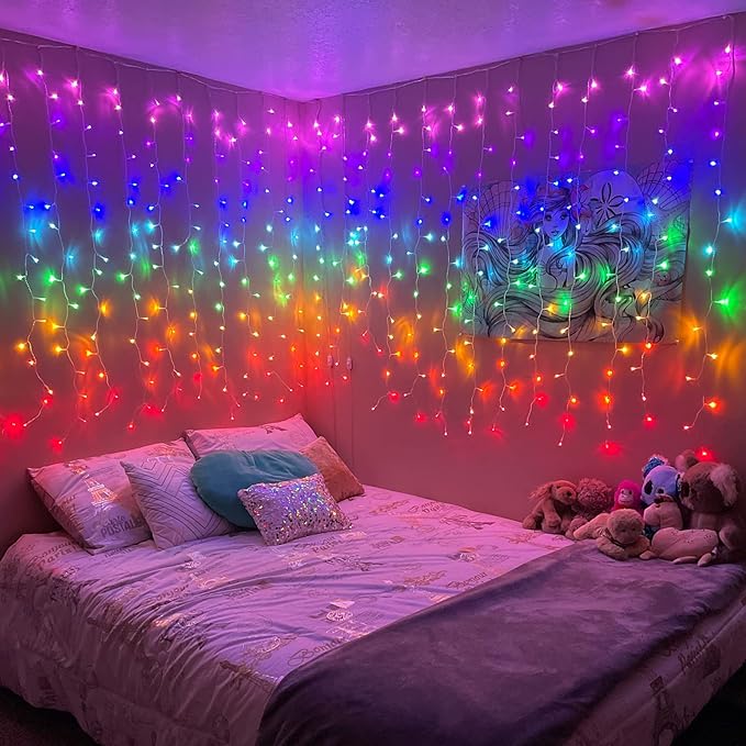 Honche 300Led Cuttable Curtain String Lights 10x10ft with Remote Window Lights for Bedroom Wedding Party Festive Season Propose Marriage WindowChristmas Decoration(Rainbow 7 Colors)