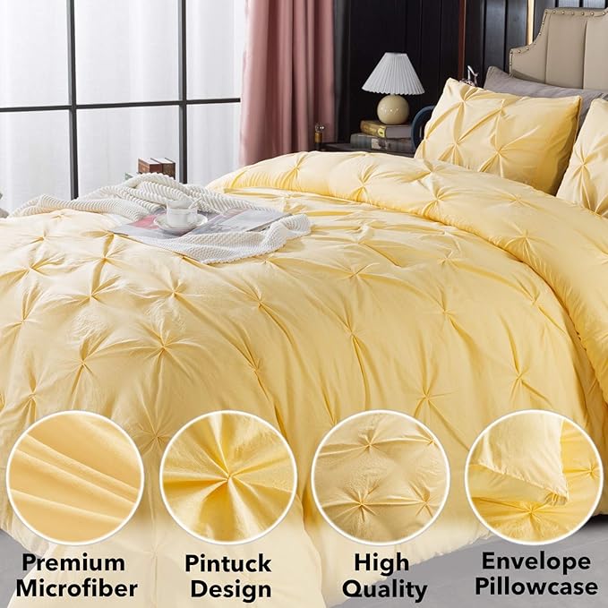 Andency Yellow Pinch Pleat Comforter Full(79x90Inch), 3 Pieces Pintuck Comforter Comforter Set, Microfiber Down Alternative Bed All Season Bedding Set