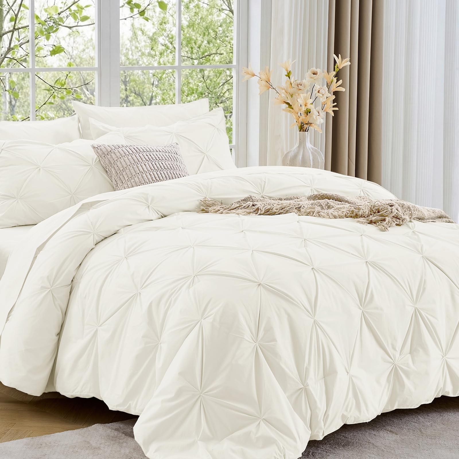 Sasttie Twin XL Comforter Set, 5-Piece Bed in a Bag, Pintuck Bedding Sets for All Season, Includes Comforter, Flat Sheet, Fitted Sheet, Pillowcase and Pillowsham, Beige