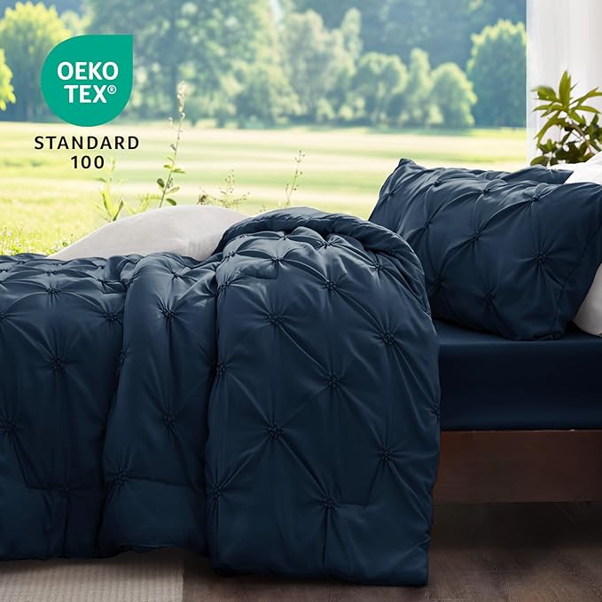 BEDELITE Navy Queen Comforter Set - 3 Pieces Boho Pintuck Bedding Comforter Sets, Lightweight Soft & Warm Bed Comforter Queen with 2 Pillowcases for All Season