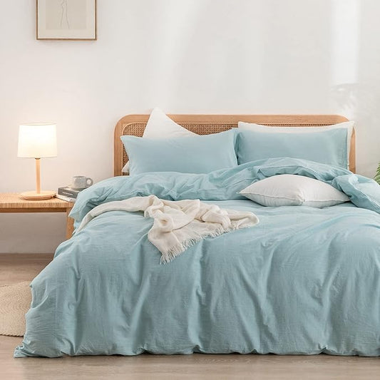 BESTOUCH Duvet Cover Set 100% Washed Cotton Linen Feel Super Soft Comfortable Chic Lightweight 3 PCs Home Bedding Set Solid Hushed Green Full/Double