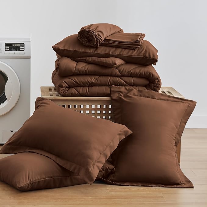 Love's cabin California King Comforter Set Brown, 7 Pieces California King Bed in a Bag, All Season Bedding Sets with 1 Comforter, 1 Flat Sheet, 1 Fitted Sheet, 2 Pillowcase and 2 Pillow Sham