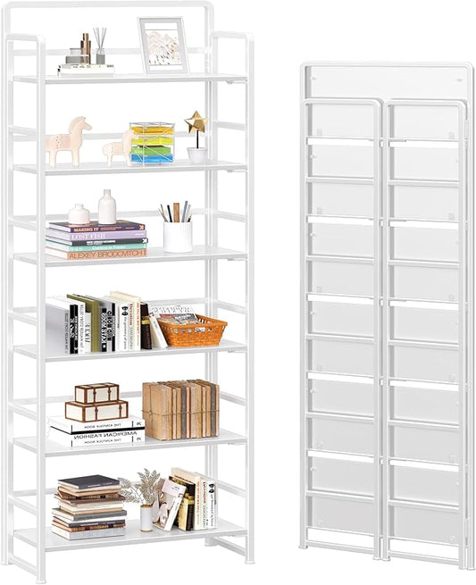 4NM No Assembly 6 Tiers Folding Bookshelf Storage Shelves Vintage Bookcase Standing Racks Study Organizer Home Office (All White)