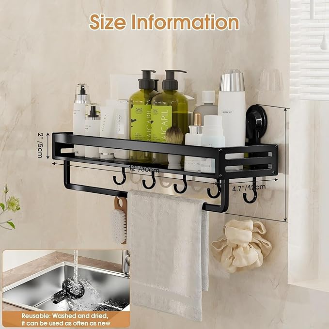 Shower Caddy Suction Cup, 11.8 inch Suction Shower Shelf with Hooks NO-Drilling Bathroom Holder, Rustproof Bathroom Organizer, Black