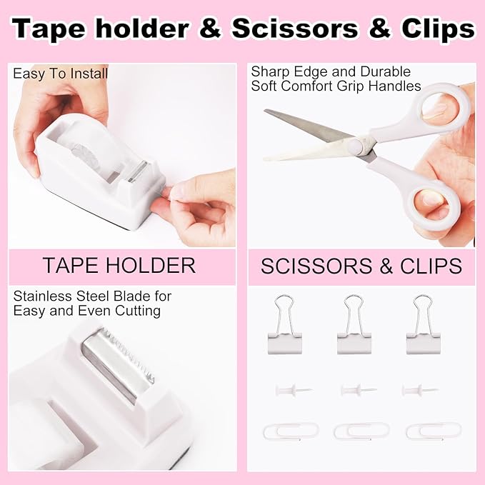 Desk Organizers and Accessories Set with 360-Degree Rotating Pen Holder, Tape Dispenser, Stapler, Staple Remover, 1000 Staples, Tape, Clips Set, Ruler, Scissor, Pen