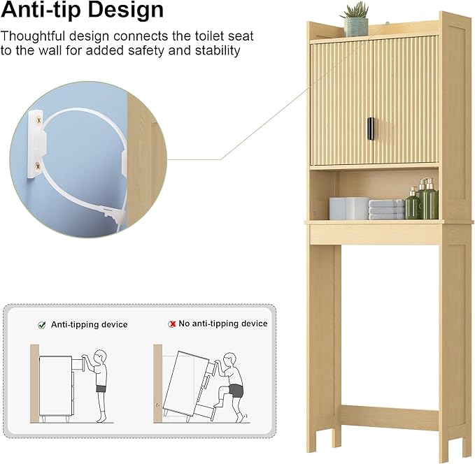 Over The Toilet Storage Cabinet,Behind Toilet Bathroom Organizer with Anti-tip,Space-Saving Toilet Shelf with Storage,Stylish Wave Pattern & Hidden Handle,Bathroom Shelf for Restroom/Laundry