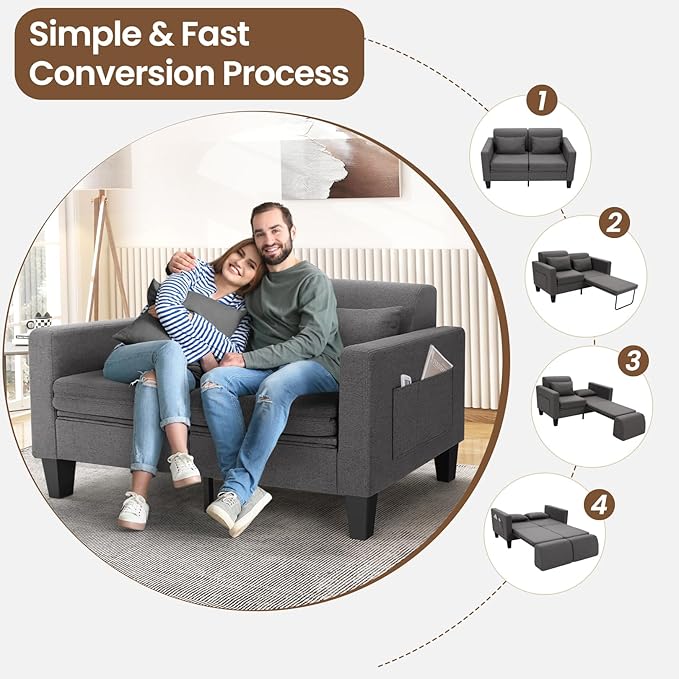 SEJOV 6-in-1 Convertible Sofa Bed, 58" Loveseat Sleeper Sofas with Pull Out Couch Bed, Removable Backrest, Storage Pockets and 2 Pillows, Modern Folding Linen Futon Couch for Small Spaces, Gray