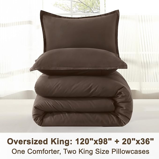 Litanika Comforter Set, Lightweight Solid Bedding Comforter Set, Fluffy Down Alternative Bed Set, Chocolate, Oversized King