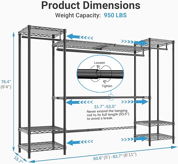 VIPEK X30 Expandable Clothes Rack Adjustable from 5' to 6'11", 950lbs Capacity Heavy Duty Portable Closet with 4 Hanger Rods & 7 Wire Shelves, Metal Wardrobe System for Reach-in Closet, Black