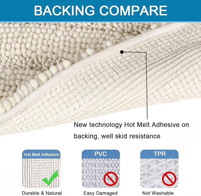 H.VERSAILTEX Bath Rugs for Bathroom Non Slip Bath Mats Extra Thick Chenille Striped Bath Rug Runners 47" x 17" Absorbent Fluffy Soft Shaggy Mats Dry Fast Plush Area Carpet for Bath Room - Cream