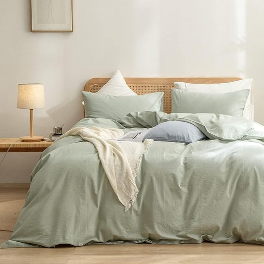 BESTOUCH Duvet Cover Set 100% Washed Cotton Linen Feel Super Soft Comfortable Chic Lightweight 3 PCs Home Bedding Set Solid Sage Green Alaska King