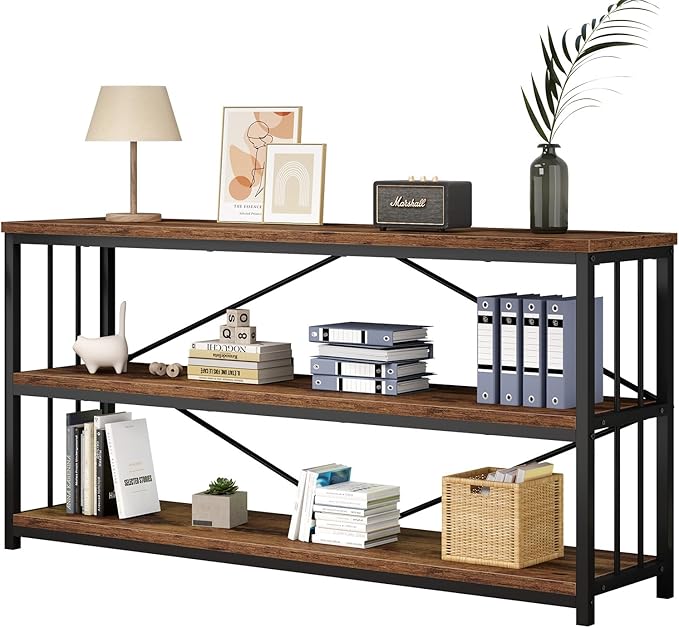 IBF Low Rustic 3 Tier Bookshelf, Industrial Horizontal Wood Bookcase, Farmhouse Long Wide Open Metal Etagere, Modern Large Vintage Book Shelf for Home Office Bedroom Living Room, Rustic Brown, 63 Inch