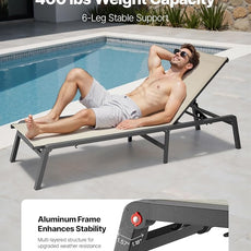 VEVOR Outdoor Chaise Lounge Chair Set of 2, 400 lbs Weight Capacity, Foldable Sun Tanning Chair, 5 Adjustable Positions, Easy Assembly, Aluminum Pool Recliner Lounge Chairs, for Beach Yard Patio
