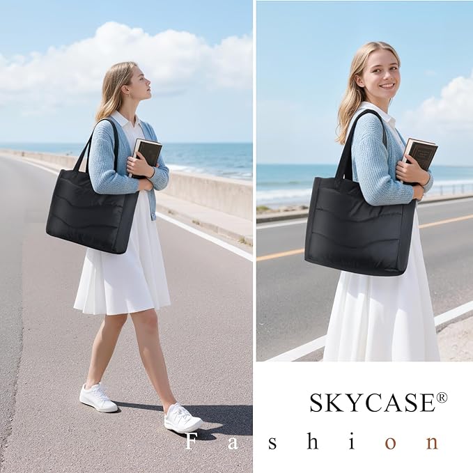 Skycase Puffer Tote Bag for Women - Lightweight Puffy Work Handbag- Large Laptop Quilted Shoulder Bag for Daily, Travel, Gym
