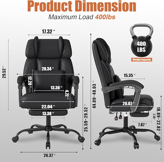 Ergonomic Office Chair with Footrest, 400lbs High Back Executive Home Office Computer Chair with Unique Ear-Shape Headrest for Neck Support,Black Leather Office Chairs for Home Office Work