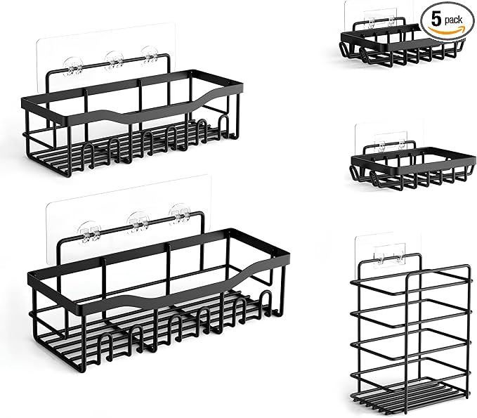 Fab Glass and Mirror 5-Pack Shower Caddy, Black - Shower Organizer & Shelves for Efficient Storage, Bathroom Caddy for Wall Organizer, Durable Wall Caddy