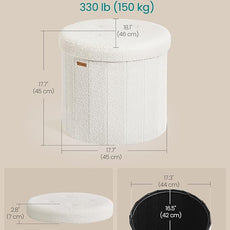 SONGMICS Mazie Collection - Round Storage Ottoman, Folding Footrest Stool with Removable Lid, Easy Assembly, Teddy Fleece Vanity Stool for Bedroom, Living Room, Entryway, Cream White ULSF606W01