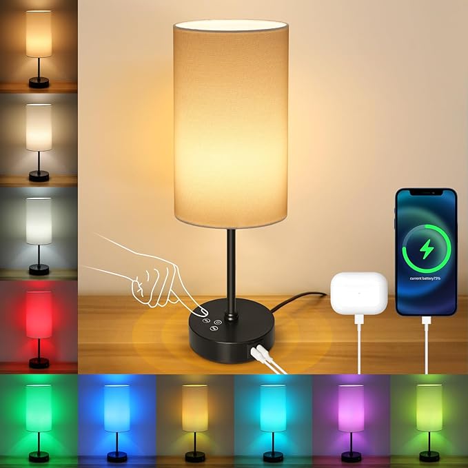 Unicozin 17Inch Table Lamp, 3 CCT 3000K/4500K/6500K & RGB Color Changing, Stepless Dimmable Bedside Lamp for Reading, Ambience Nightstand Light for Home Decor Party, Cream Shade