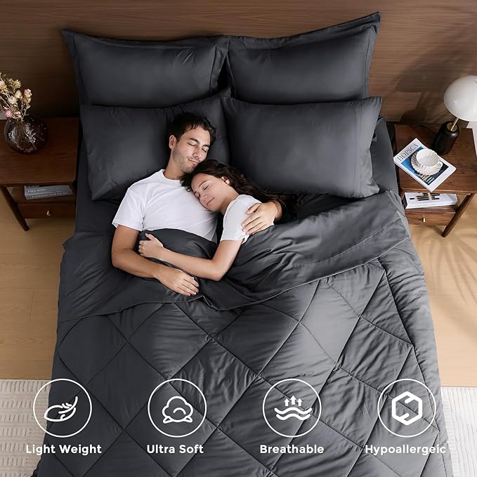 HEVUMYI Twin-XL Comforter Set - 5-Piece All Season Bed in a Bag Twin-XL, Ultra Soft Bedding Set with Comforter, Flat Sheet, Fitted Sheet, Pillowcases, Pillow Shams, Dark Grey
