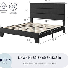 Allewie Queen Size Platform Bed Frame with Fabric Upholstered Headboard and Wooden Slats Support, Fully Upholstered Mattress Foundation/No Box Spring Needed/Easy Assembly, Dark Grey