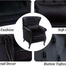 Mid Century Accent Chair Modern Button Tufted Armchair Club Chair Velvet Wingback Single Sofa Lounge Chair with Pillow for Living Room Bedroom, Black