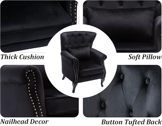 Mid Century Accent Chair Modern Button Tufted Armchair Club Chair Velvet Wingback Single Sofa Lounge Chair with Pillow for Living Room Bedroom, Black