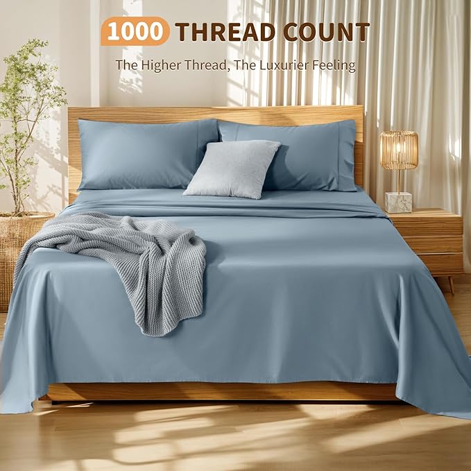 LBRO2M 100% Cotton Sheets Set Deep Pocket 19", 1000 Thread Count Queen Size 4 Piece Bed Sheet Sets Soft Comfortable Bedding All Season (Queen, French Blue) LBRO2MBedding