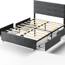WLIVE Full Size Upholstered Bed Frame with 4 Storage Drawers and Headboard, Velvet Platform Bedframe, Sturdy Metal & Wooden Slats Support, No Box Spring Needed, Easy Assembly, Dark Grey