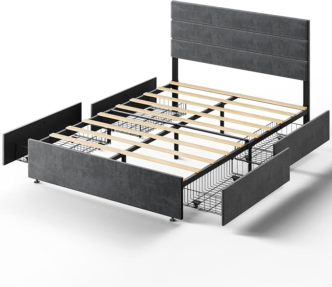 WLIVE Full Size Upholstered Bed Frame with 4 Storage Drawers and Headboard, Velvet Platform Bedframe, Sturdy Metal & Wooden Slats Support, No Box Spring Needed, Easy Assembly, Dark Grey